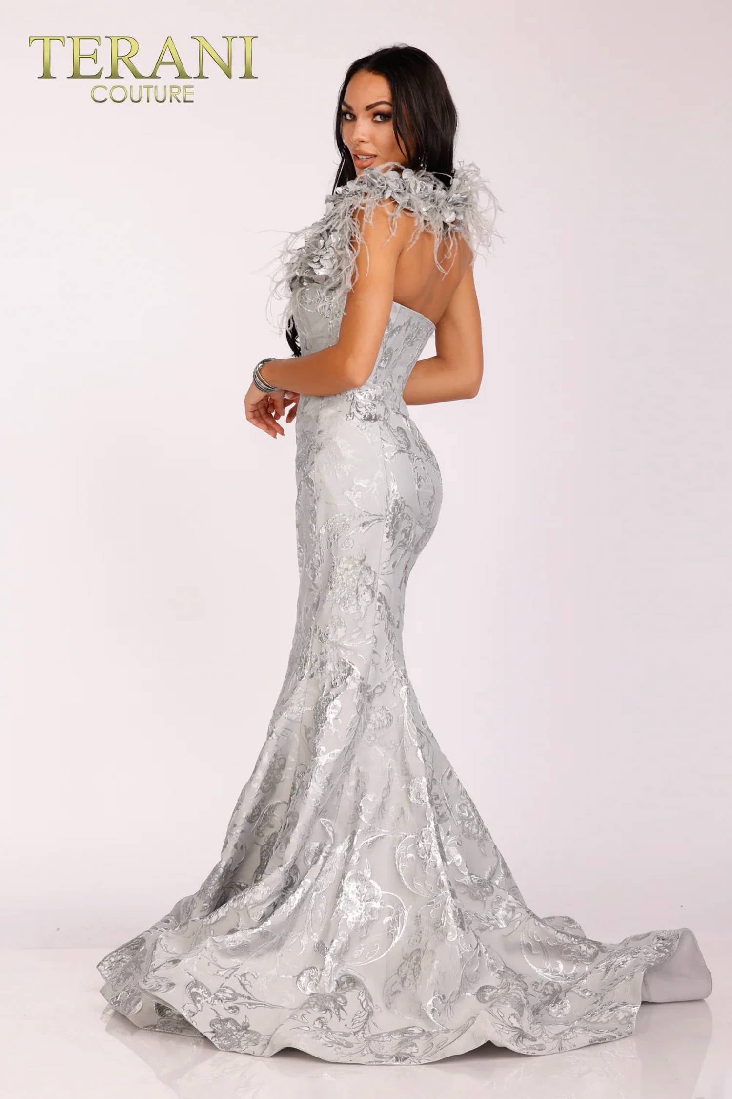 Terani Couture - Striking Flower And Feather Strapless Evening Gown