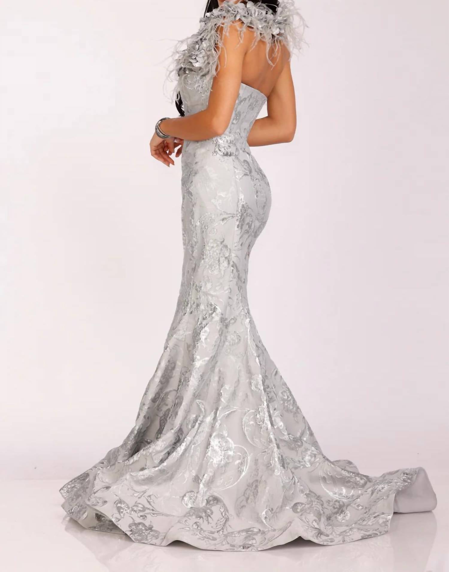 Terani Couture - Striking Flower And Feather Strapless Evening Gown