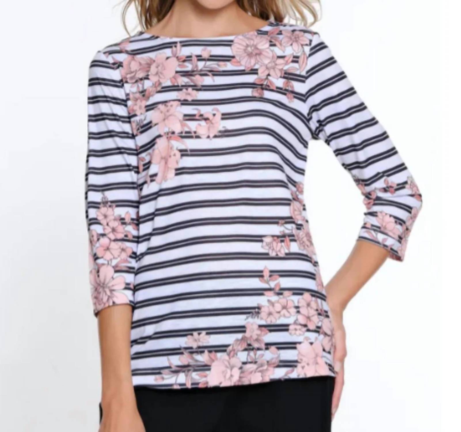 Multiples - Striped Floral Blouse With Buttons