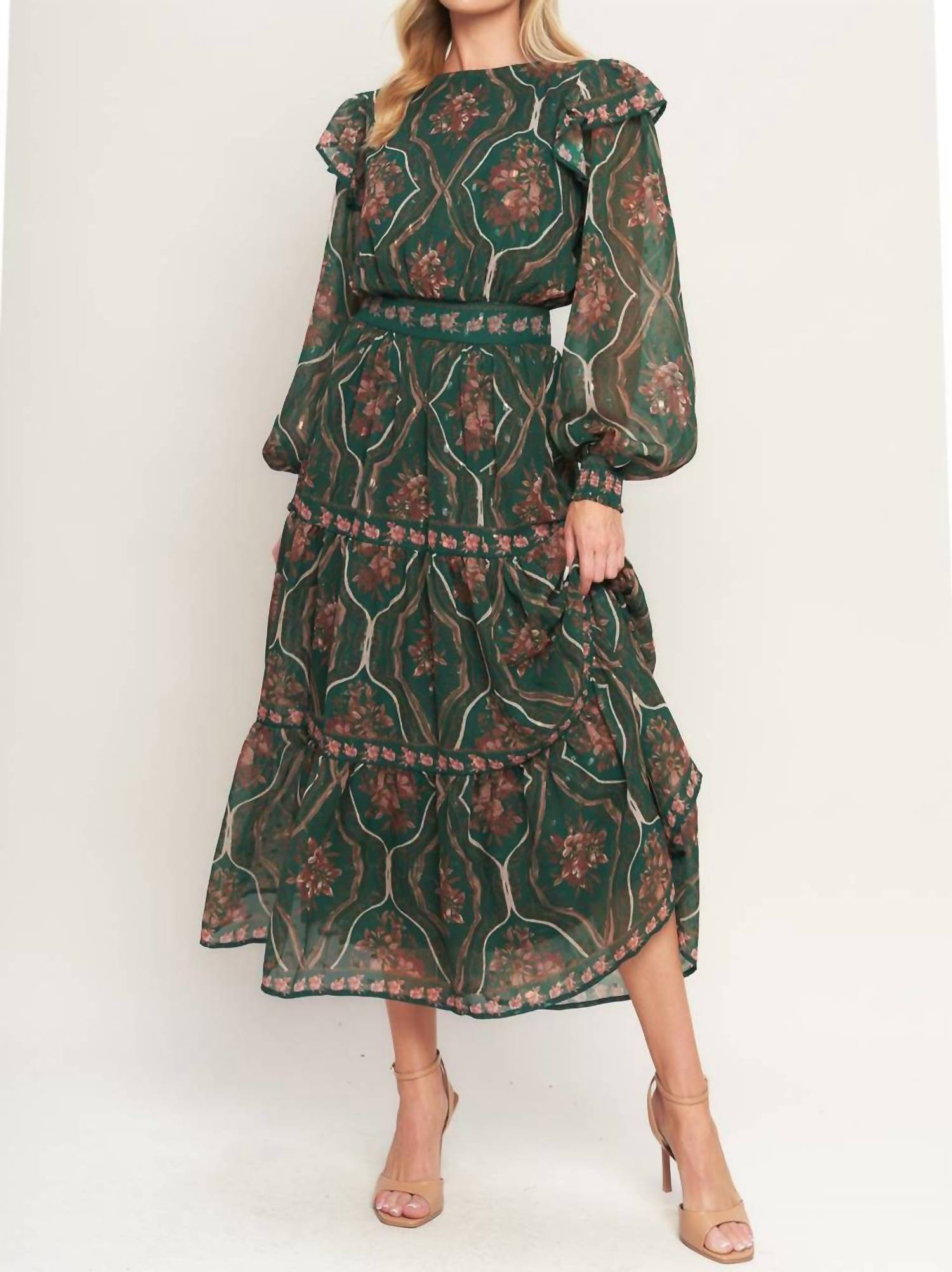 FLYING TOMATO Garden Labyrinth Woven Midi Dress in green - women's dress