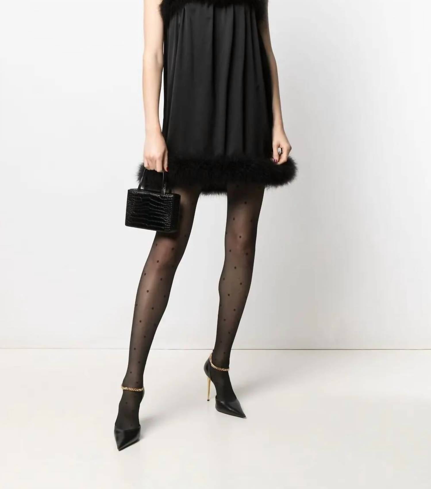 SAINT LAURENT Feather Trim Satin Slip Minidress in black - women's dress