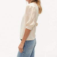 SIX/FIFTY Mixed Media Short Sleeve Top in pearl - women's blouse - detail view