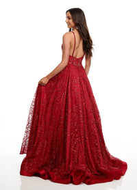 Rachel Allan - V-neck Satin Prom Gown With Glitter Tulle