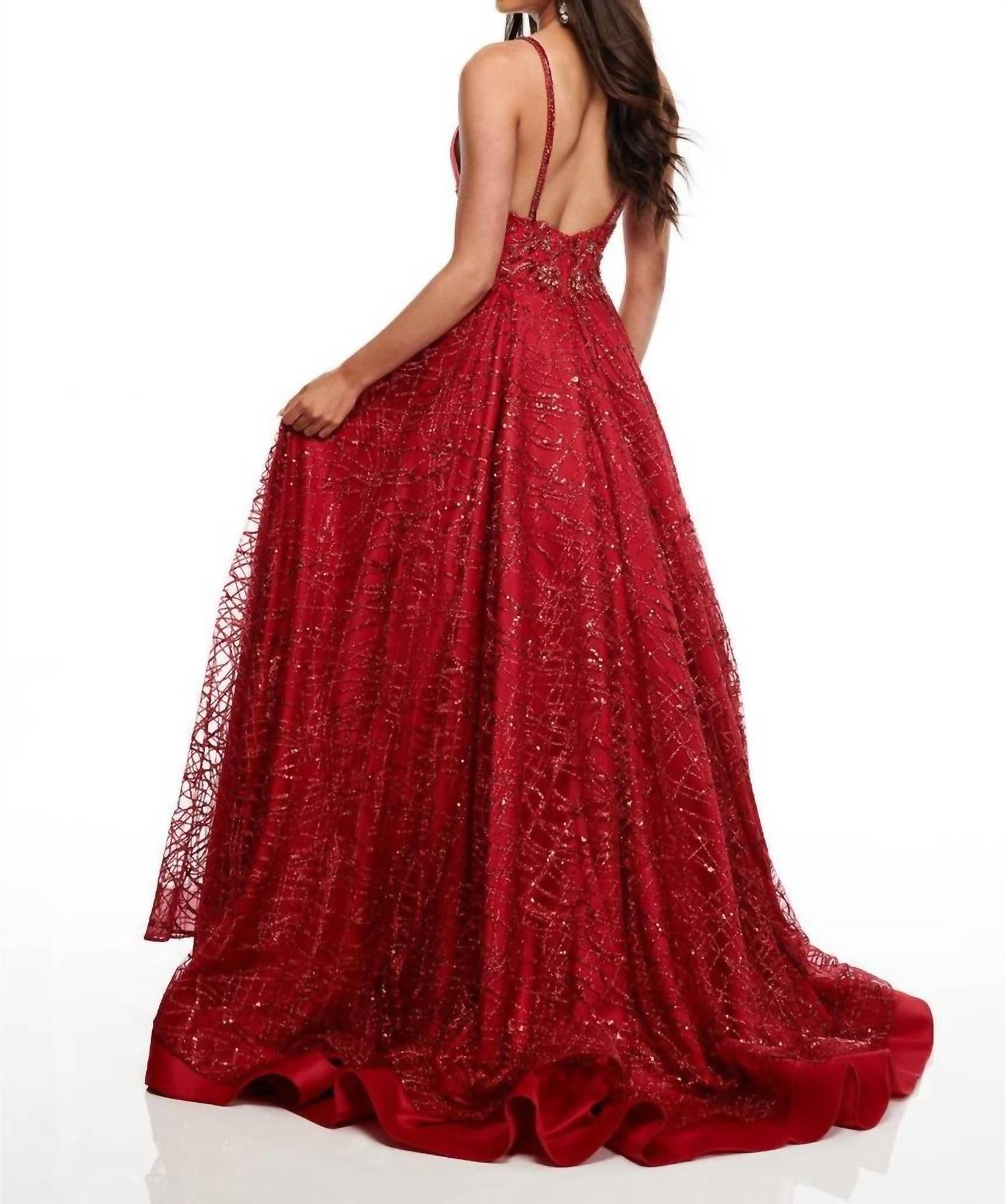 Rachel Allan - V-neck Satin Prom Gown With Glitter Tulle