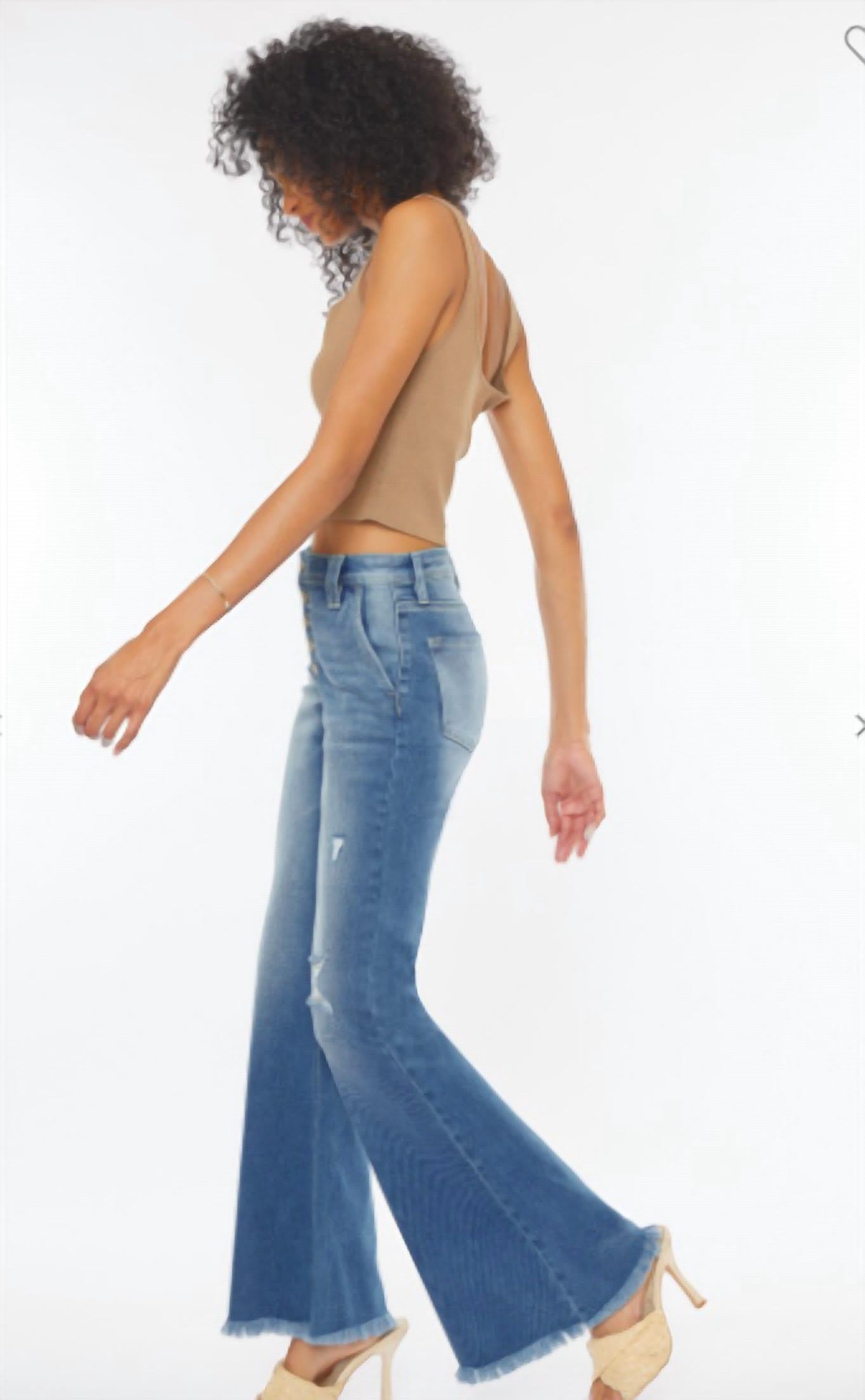 KanCan High Rise Exposed Button Flare Jeans in medium wash - women's jeans - alternate view