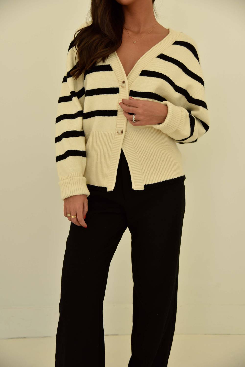 Beige Botany - Striped Button Down Cardigan Sweater