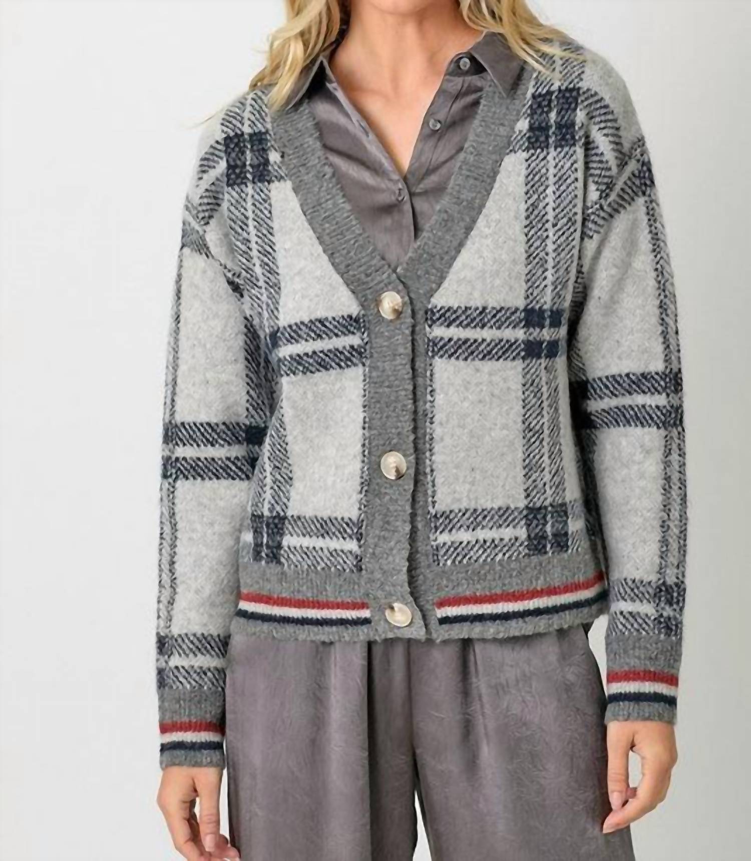 mystree The Londan Lane Plaid Cardigan in grey mix - women's cardigan