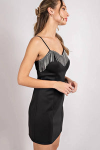 Ee:Some - Sleek Spaghetti Strap Body Con Mini Dress With Rhinestone Fringe