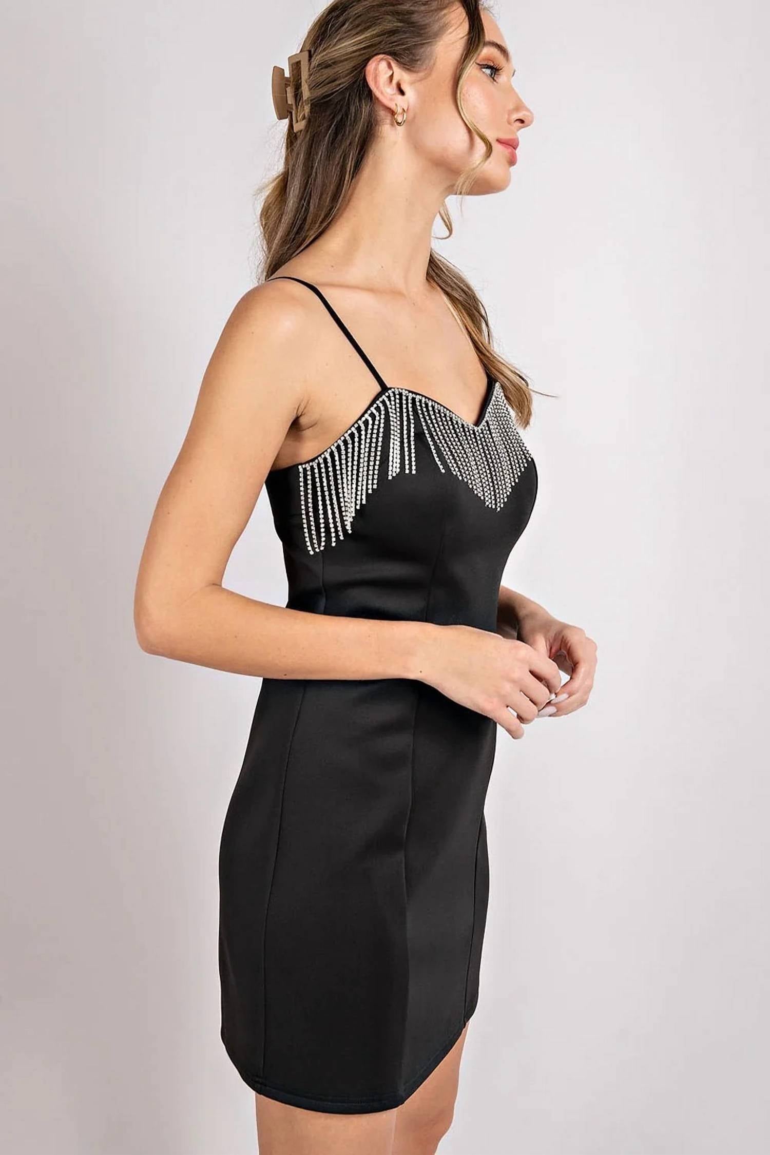 Ee:Some - Sleek Spaghetti Strap Body Con Mini Dress With Rhinestone Fringe