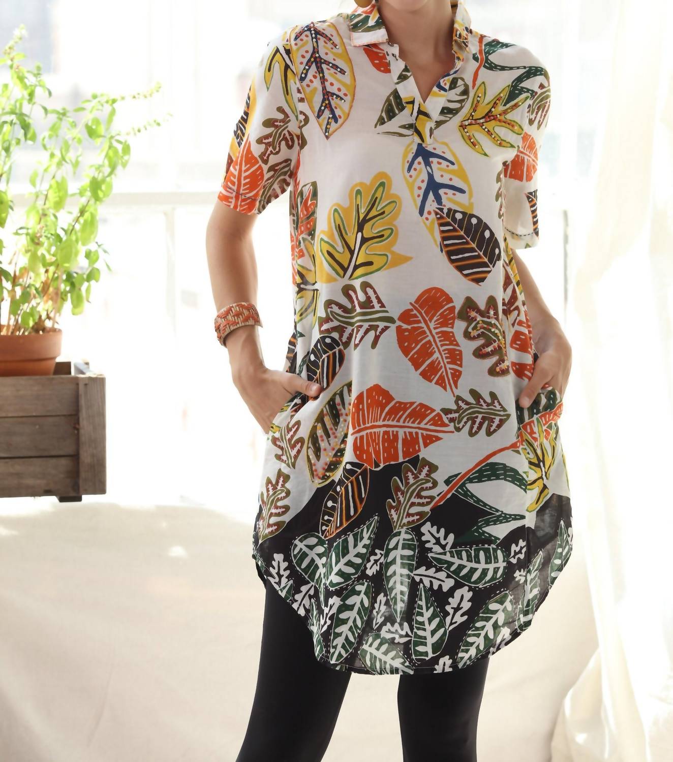 Kikisol - Artisan Leaf With Beading & Embroidered Kikisol Tunic Top With Pockets