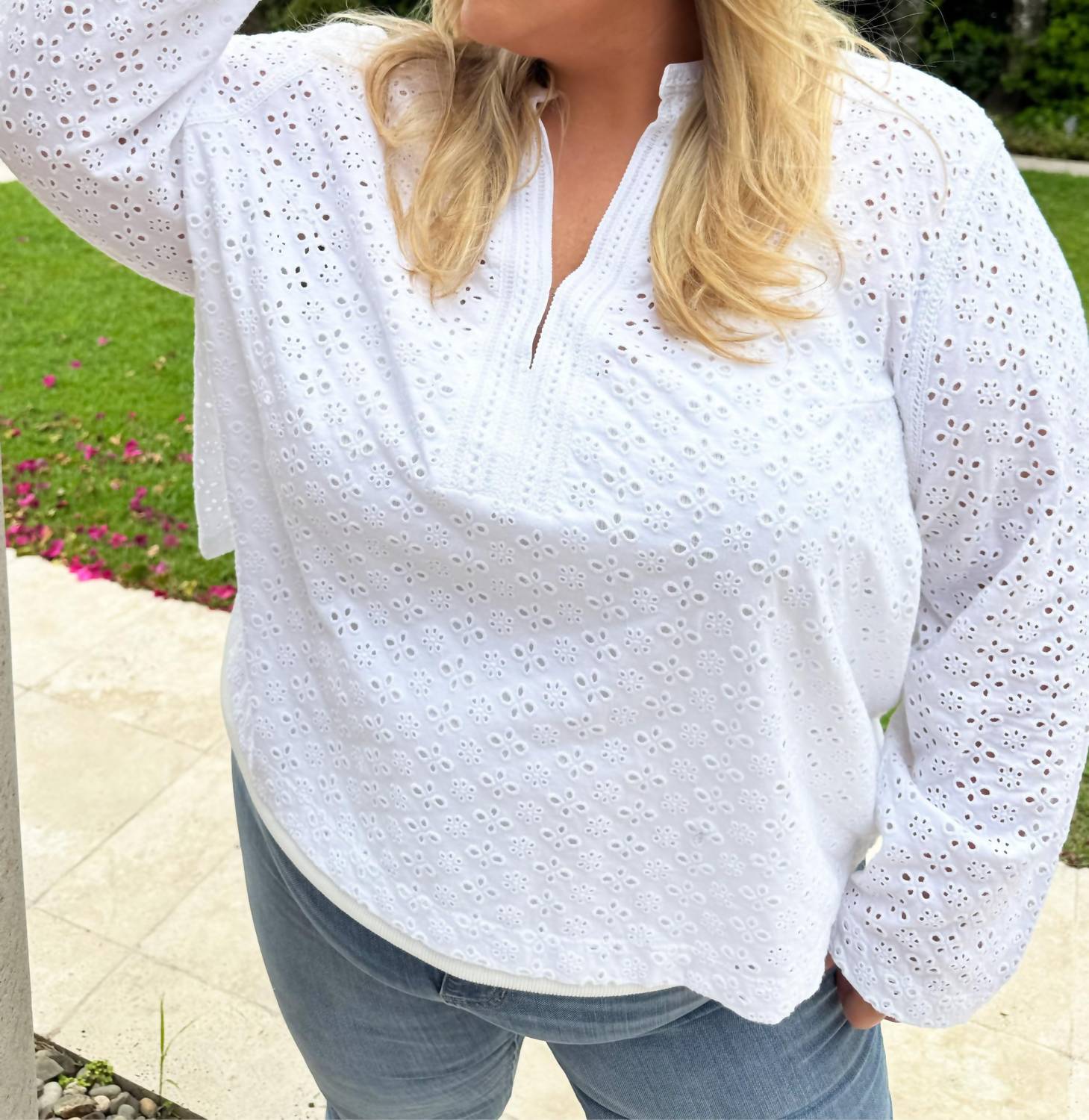 Nic + Zoe - Knit Eyelet Split Neck Top - Plus
