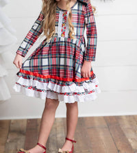 Adorable Sweetness - Girl's Holiday Christmas Plaid Lace Ruffle Bow Back Dress