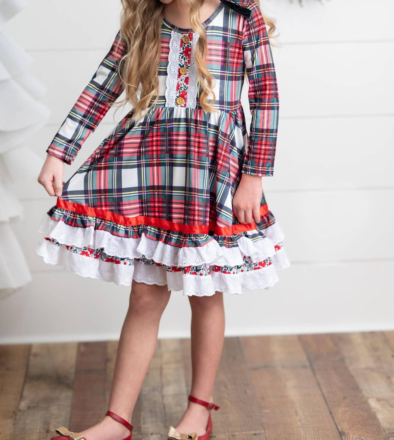 Adorable Sweetness - Girl's Holiday Christmas Plaid Lace Ruffle Bow Back Dress