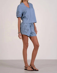 Elan - Short Sleeve Open Work Sleeves V-neck Top