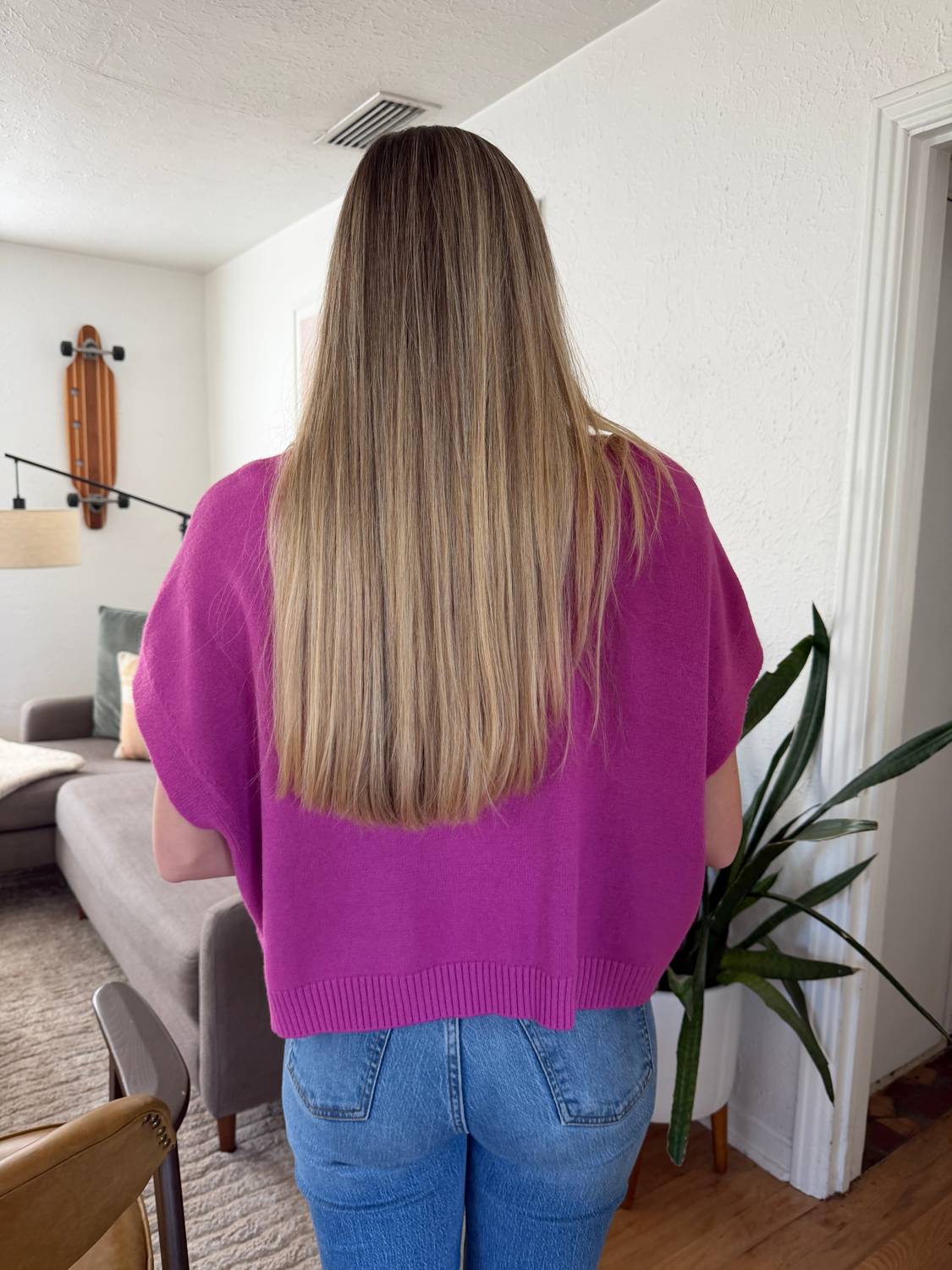 PINCH Heidi Boxy Knit Top in fuchsia - women's sweater - detail view