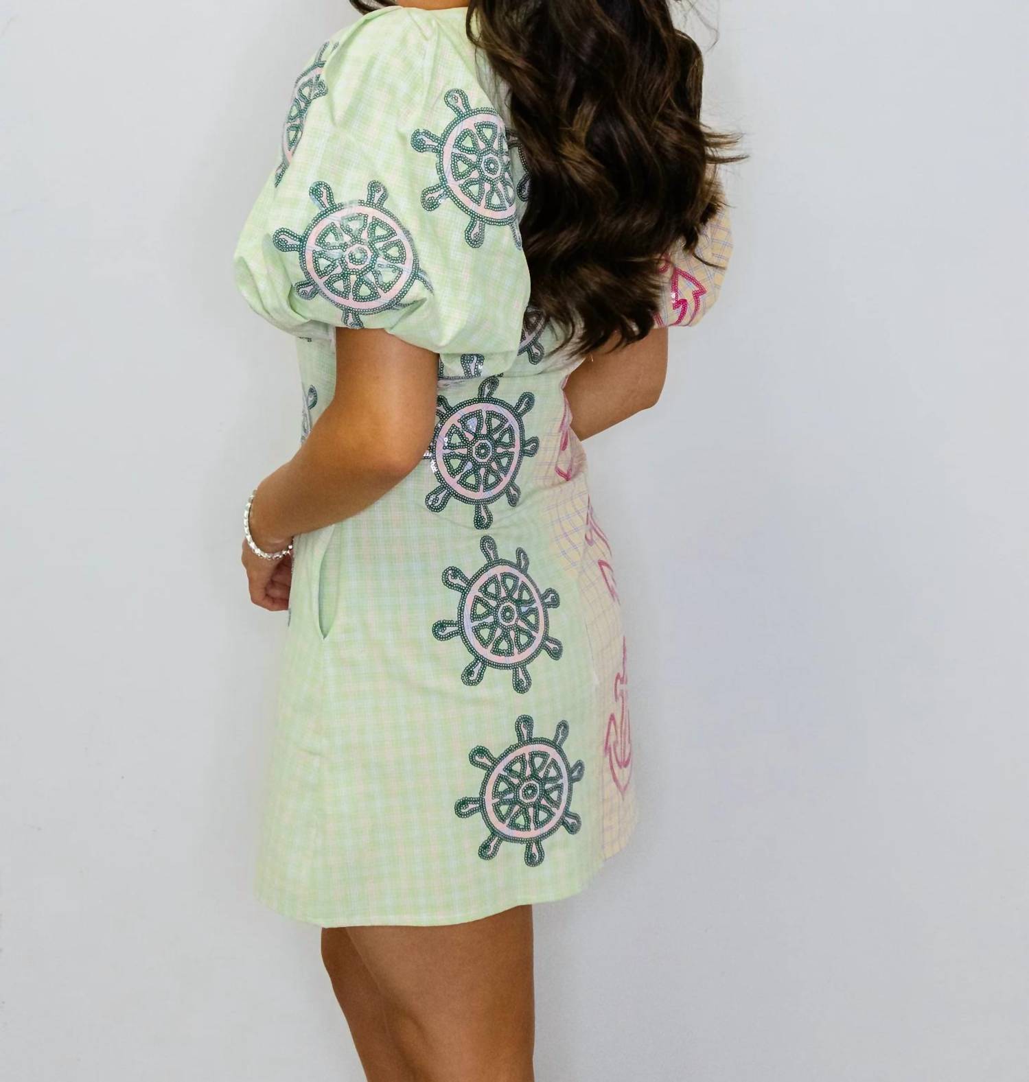 Queen Of Sparkles - Colorblock Plaid Anchor Button Up Poof Sleeve Dress