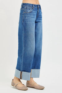 RISEN 4 Way Stretchy Mid Rise Cropped Cuffed Jean in med wash - women's jeans - detail view