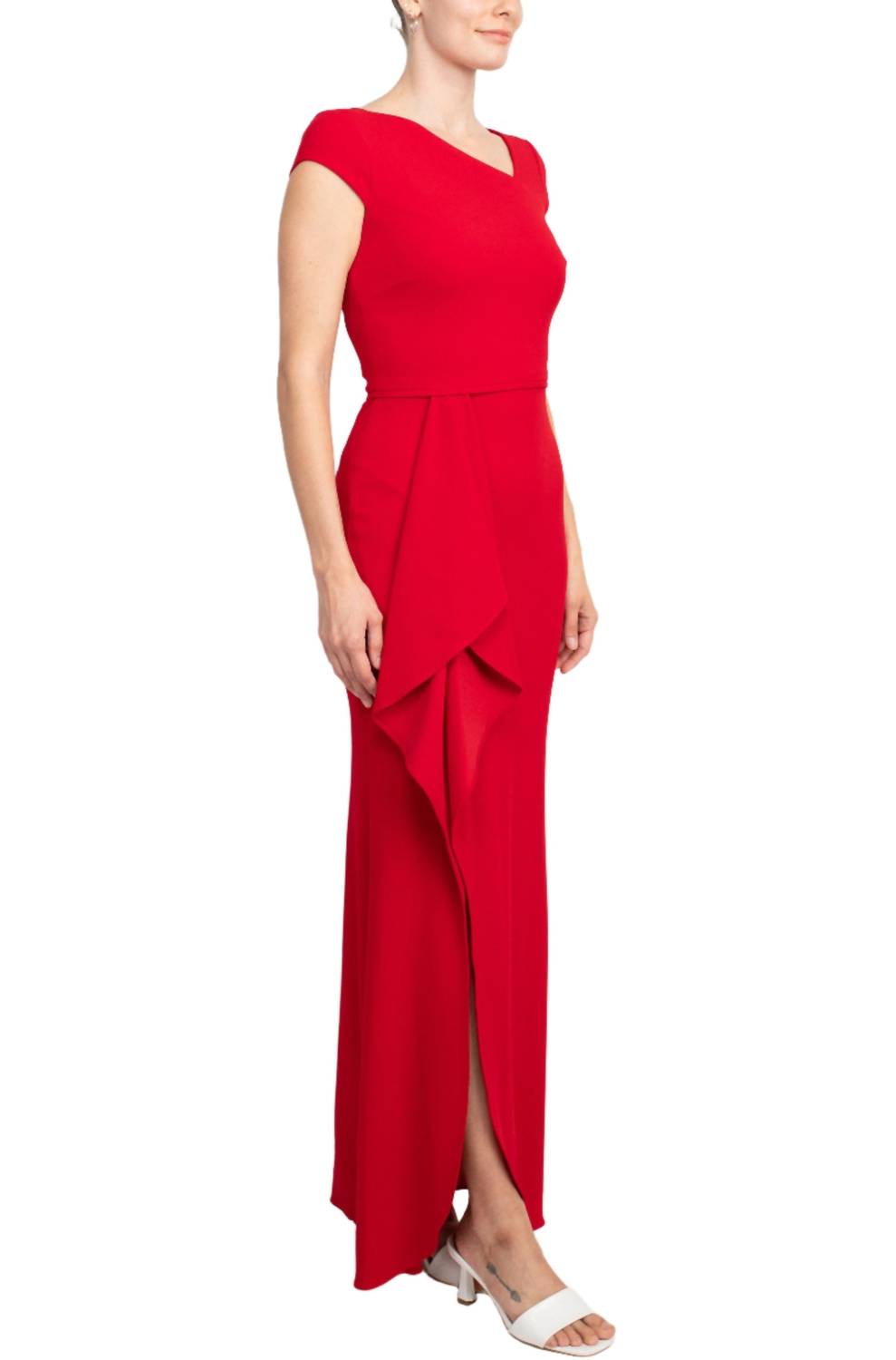 Betsy & Adam - Asymmetrical Neck Cap Flutter Side Slit Scuba Dress