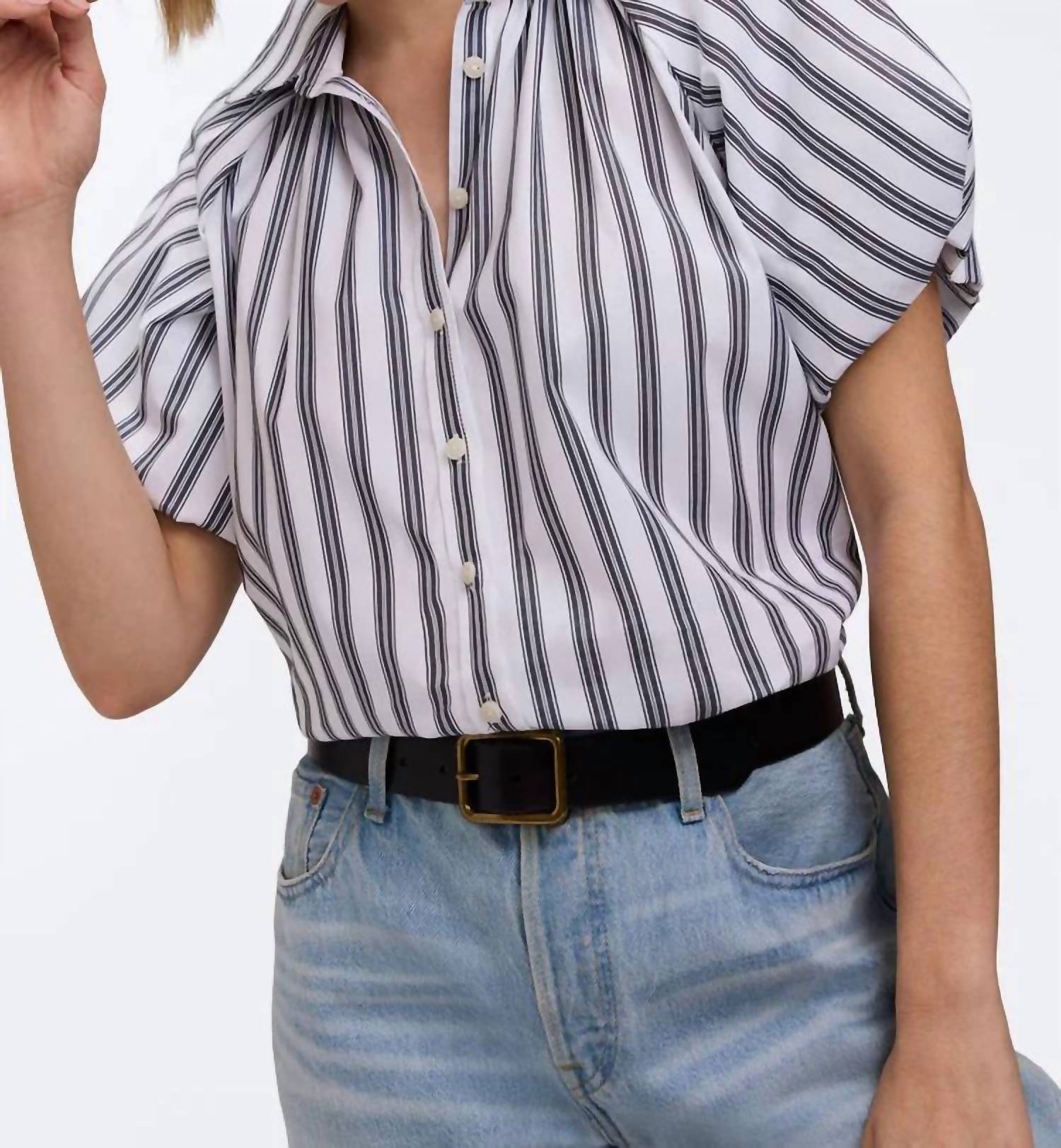 Foxcroft Paula Striped Puff Sleeve Shirt in blue stripes - women's blouse - view 4