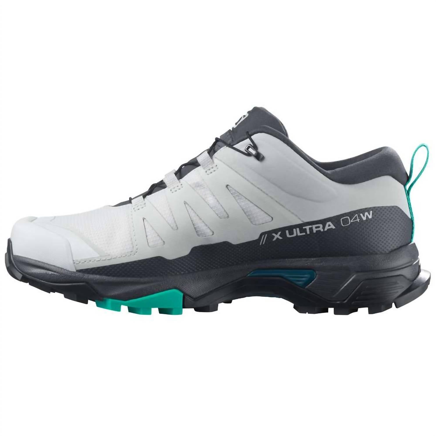SALOMON Women's X Ultra 4 Gore-tex Hiking Shoe in lunar rock ebony mint leaf - women's shoe - detail view