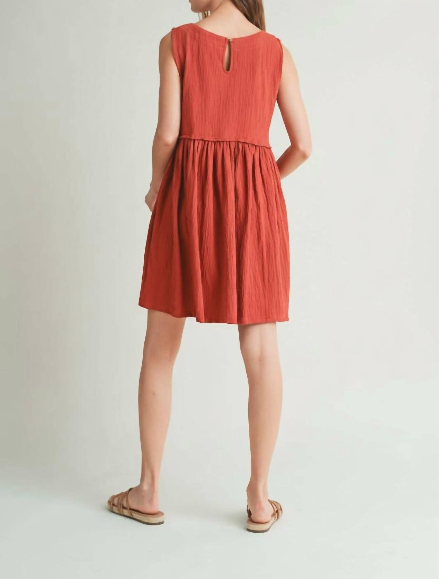 WISHLIST Tara Crinkle Knit Raw Edge Detail Tank Dress in brick - women's dress - detail view