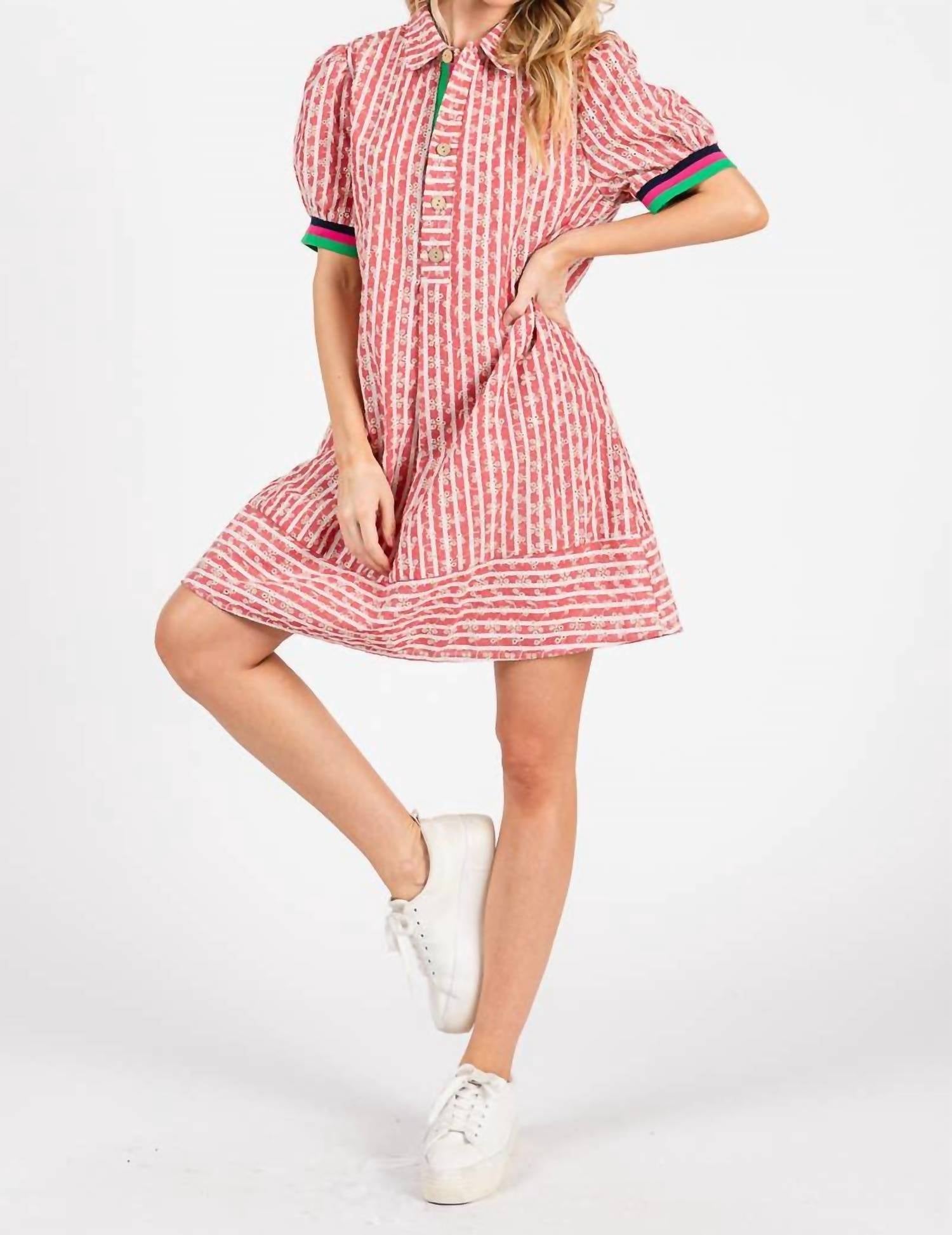 Sewn And Seen - Striped Floral Collared Puff Sleeve Mini Dress