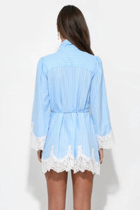 adelyn rae Victoria Neck Tie Lace Trim Stripe Dress in light blue - women's dress - detail view