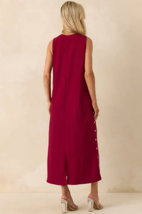 entro Ribbed Knit Maxi Dress With Faux Buttons in cherry - women's dress - detail view