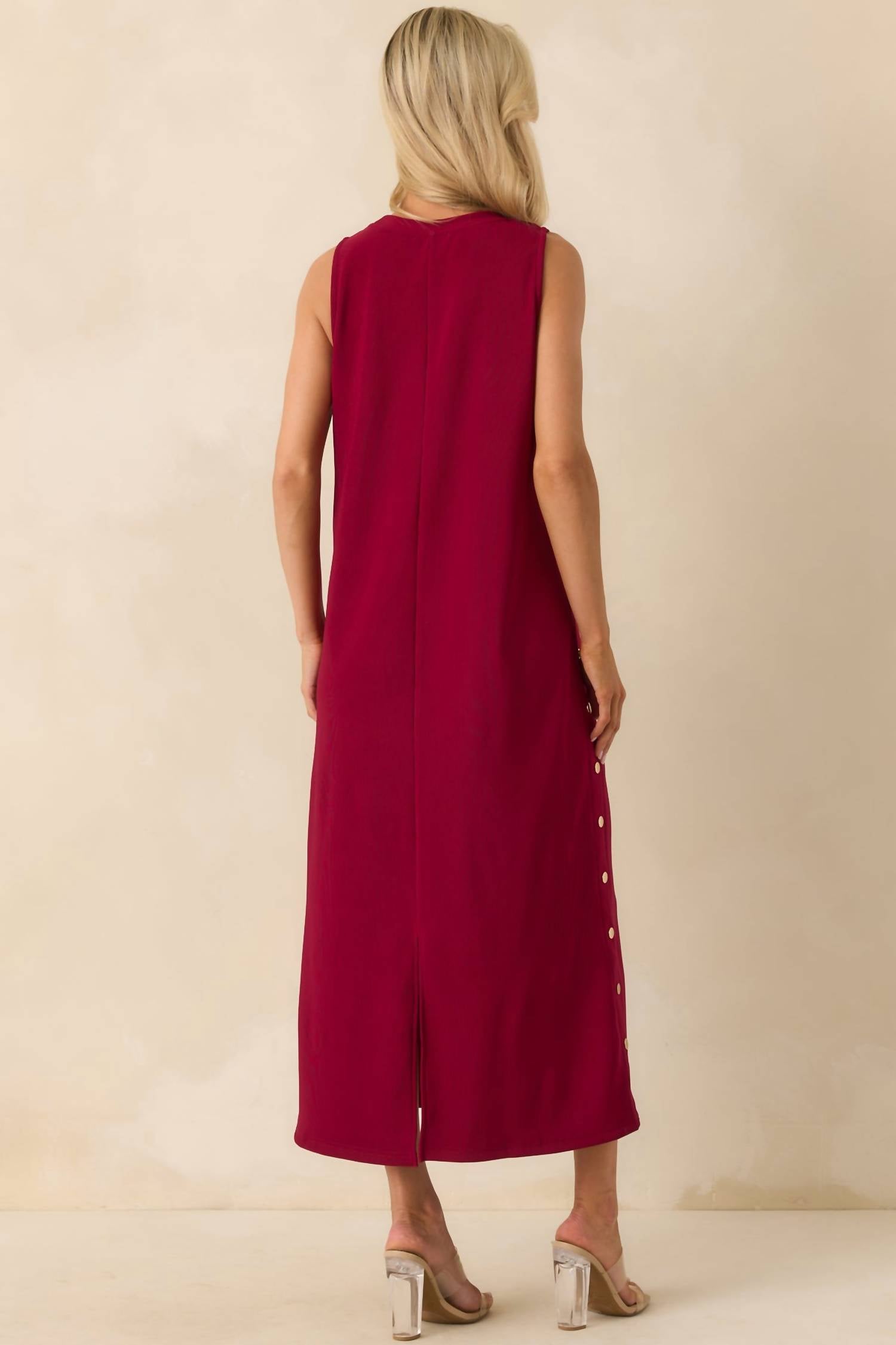 entro Ribbed Knit Maxi Dress With Faux Buttons in cherry - women's dress - detail view