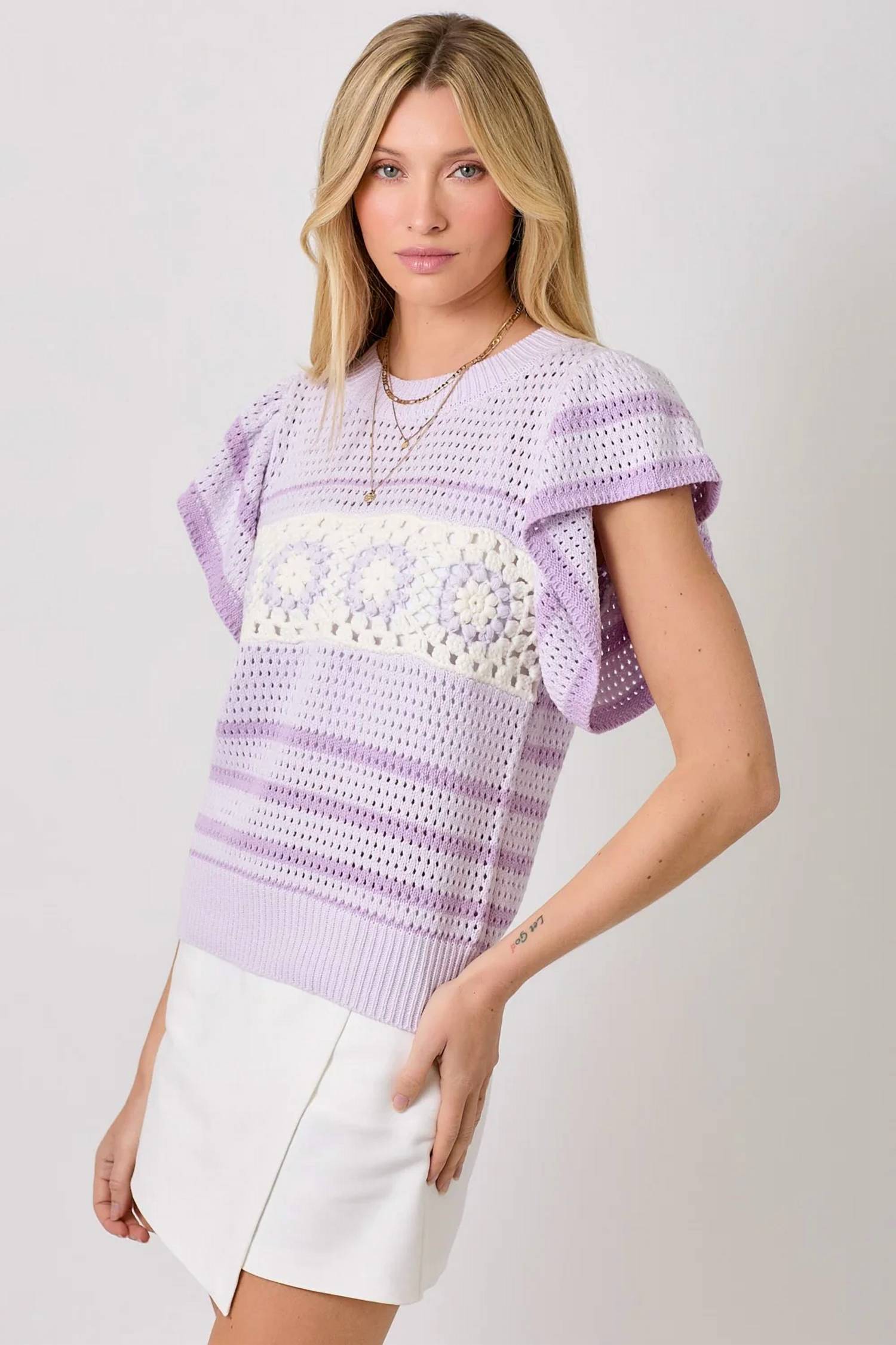 Mystree - Flutter Sleeve Floral Crochet Top