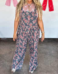 BLAKELEY Cassidy Denim Overalls in pink floral ditsy - women's pants - detail view