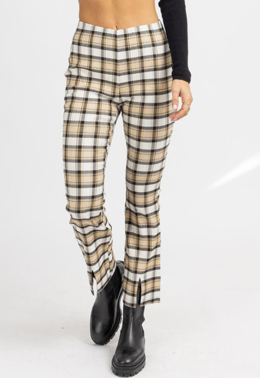 PLAID WIDE LEG SLIT HEM PANTS