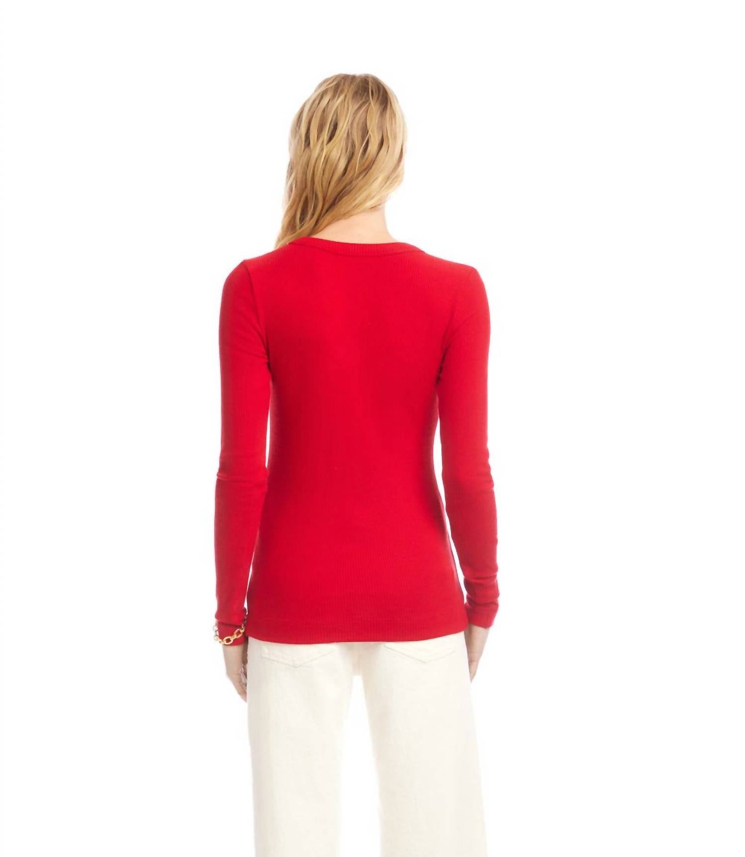 Karen Kane Long Sleeve Ribbed V-Neck Top in red - women's long sleeve top - alternate view