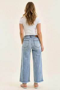 Judy Blue Ankle Hollywood Waistband Fray Hem Wide Leg Jeans in denim - women's jeans - detail view