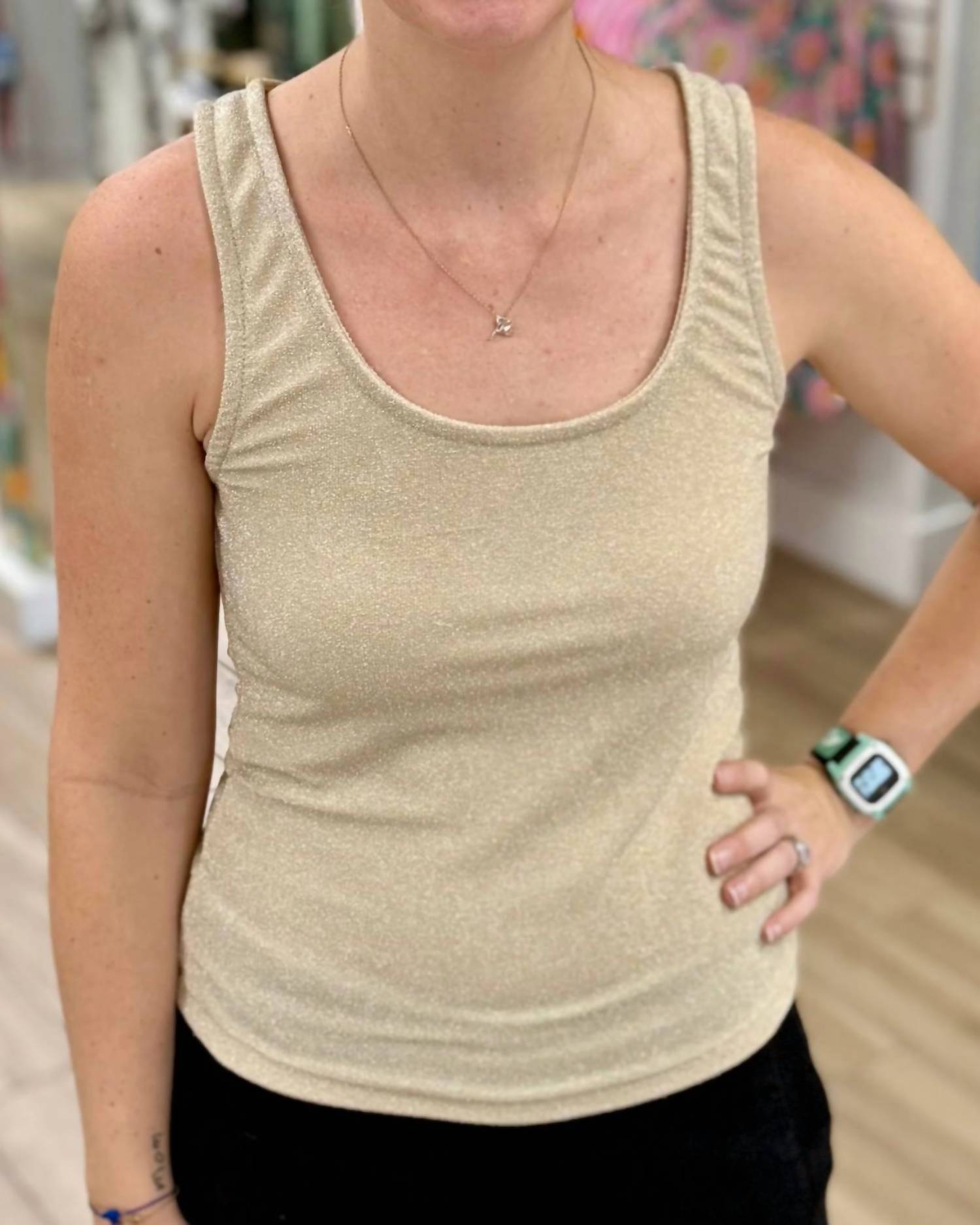 M made in Italy Shimmer Tank Top in italy shimmer tank top in beige - women's tank top - detail view