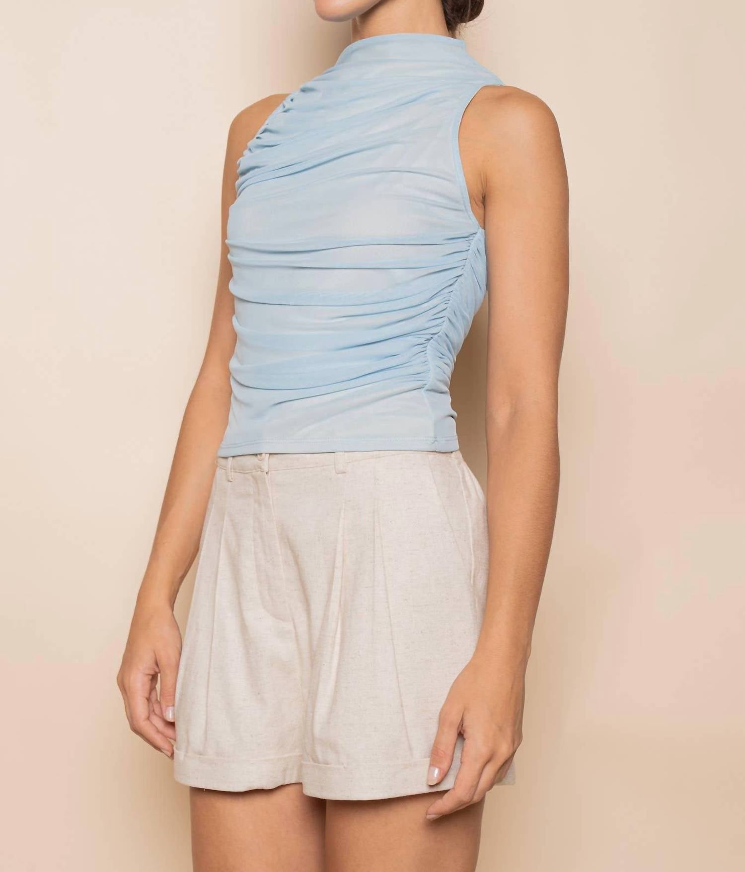 Fore Collection Ruched Mesh Tank Top in blue - women's tank top - alternate view