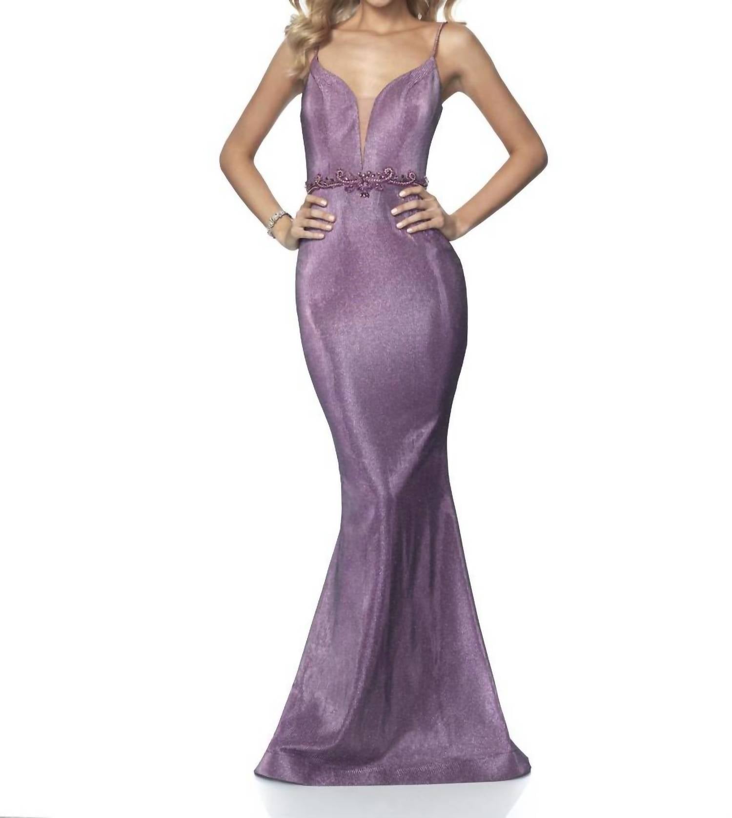 Blush Prom - Metallic Shimmer Knit Plunging Neckline Prom Dress