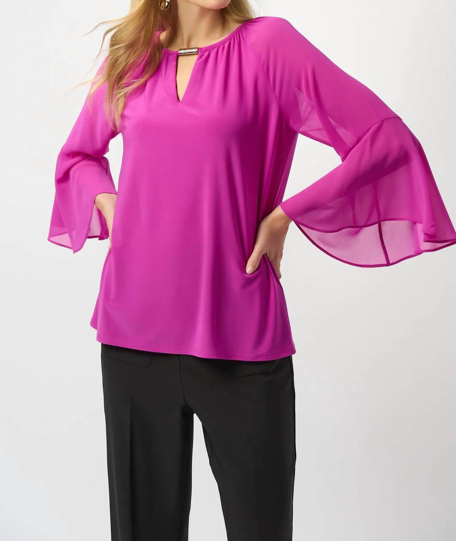 Joseph Ribkoff - Keyhole Neckline 3/4 Sleeves Chiffon Top