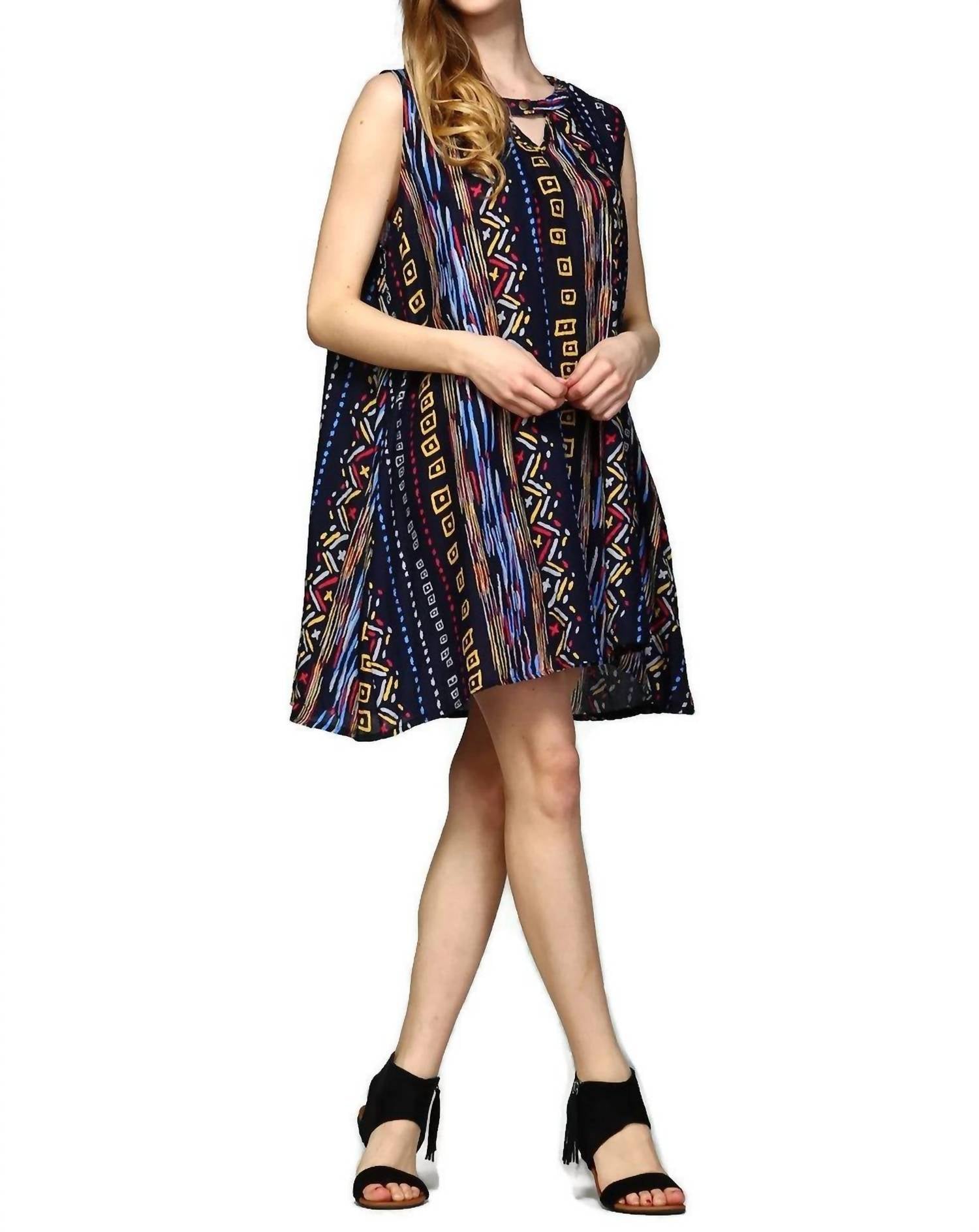 Velzera - Tribal Sleeveless Keyhole Mini Dress