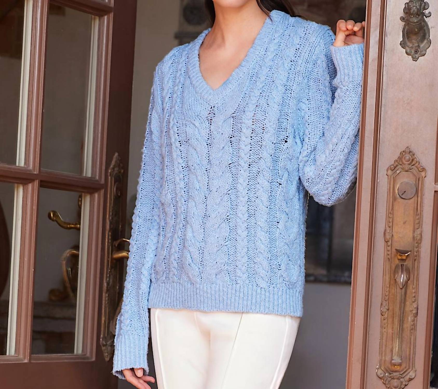 Karen Kane Cable Knit Long Sleeve Sweater in blue - women's sweater - view 6