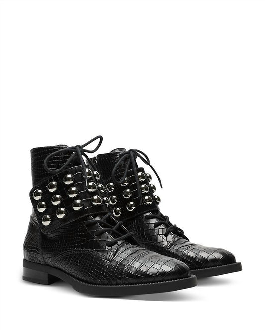 Schutz - Women Marieta Croc Embossed Leather Studded Moto Ankle Boots