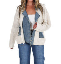 Blu Pepper - Mixed Media Cable Knit Denim Trim Jacket