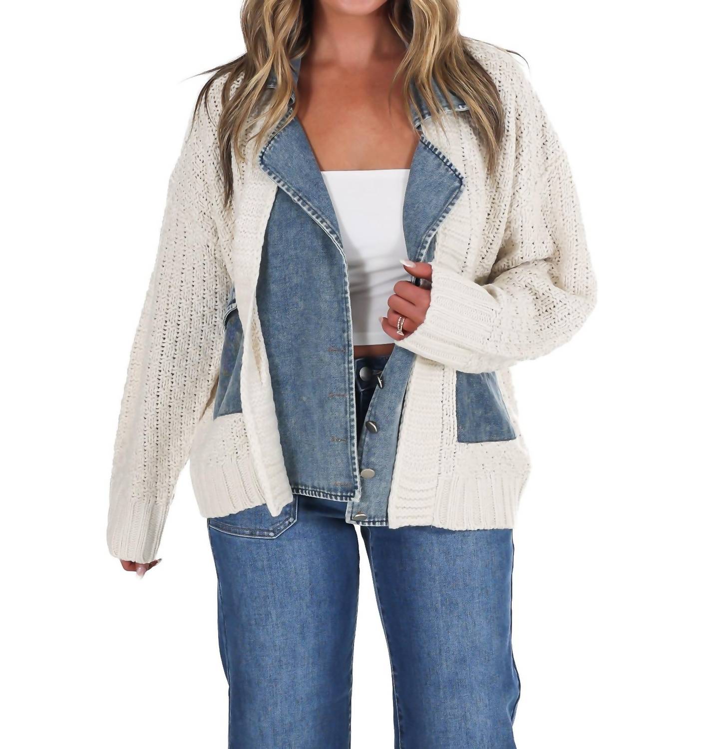 Blu Pepper - Mixed Media Cable Knit Denim Trim Jacket