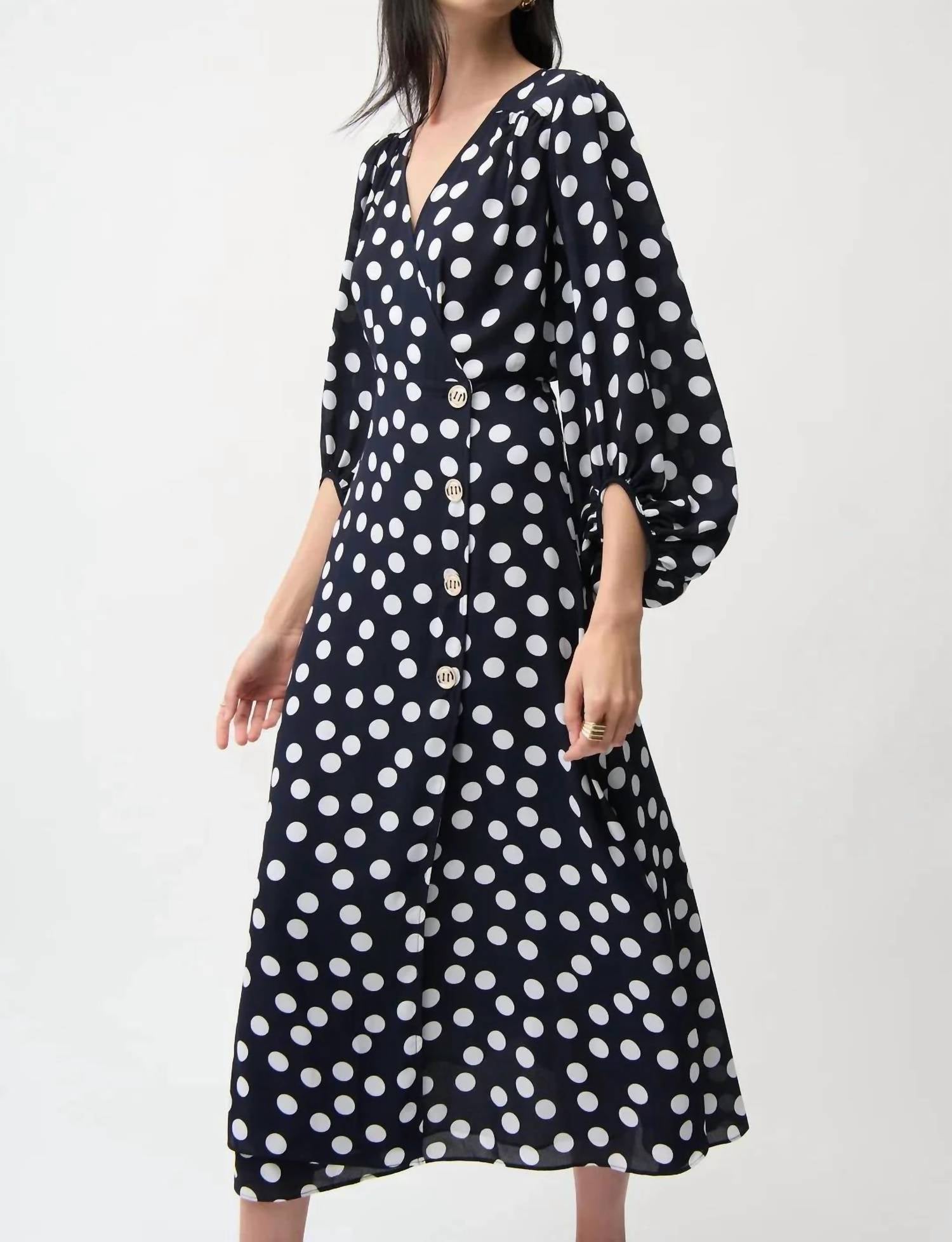 Joseph Ribkoff - Polka Dot Puff Sleeves Wrap Dress
