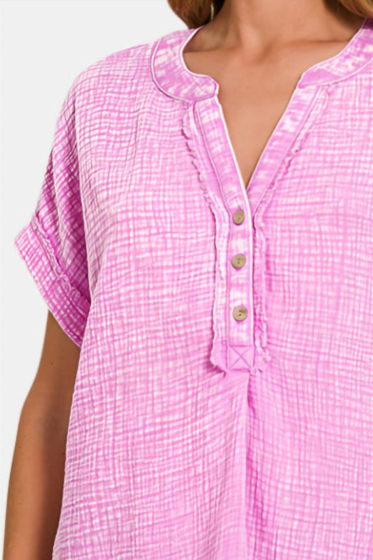 Zenana - Henley Gauze Short Sleeve Top