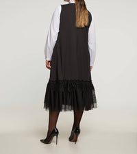 Mat Fashion - PINSTRIPE SHIFT DRESS WITH LACE HEM