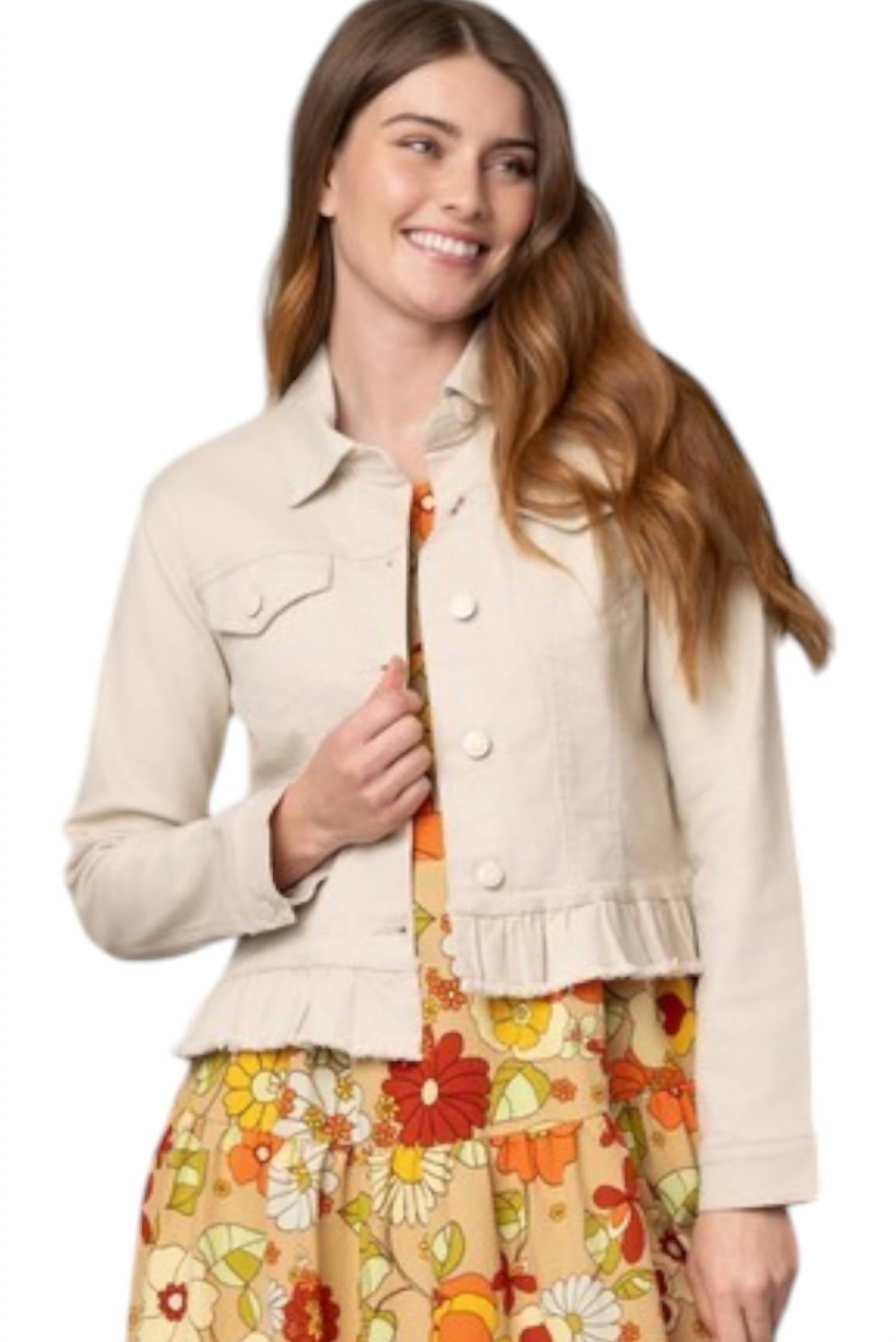 Pine Apparel - Peplum Hem Denim Jacket w/ Novelty Buttons