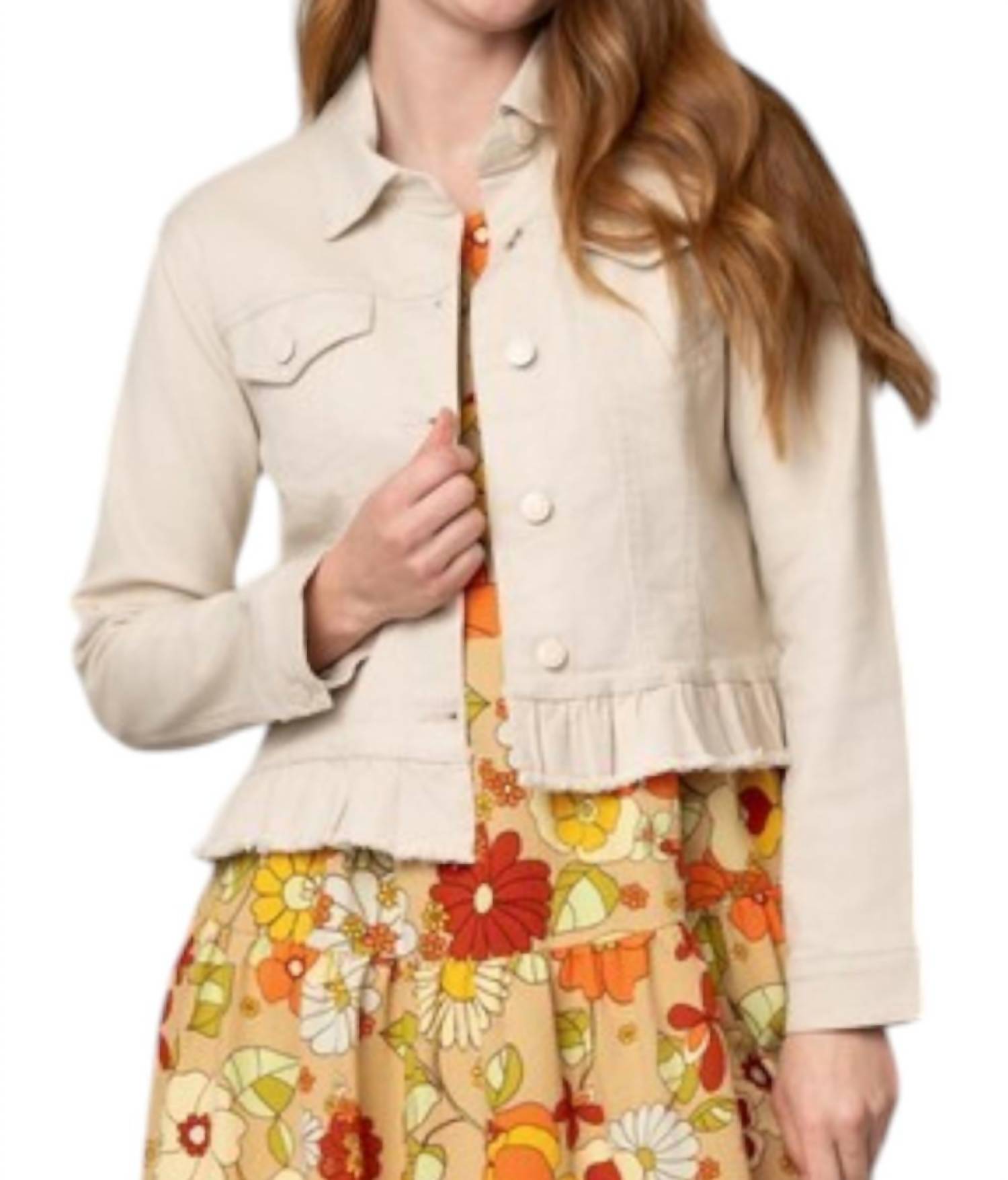 Pine Apparel - Peplum Hem Denim Jacket w/ Novelty Buttons