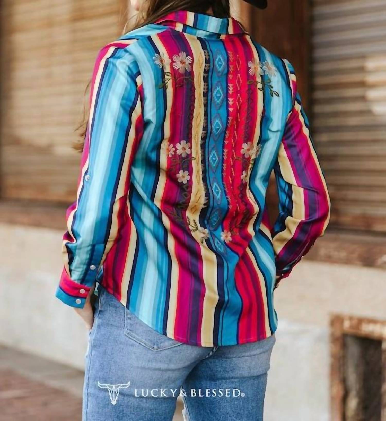 Lucky & Blessed - Pearl Snap Embroidered Western Top