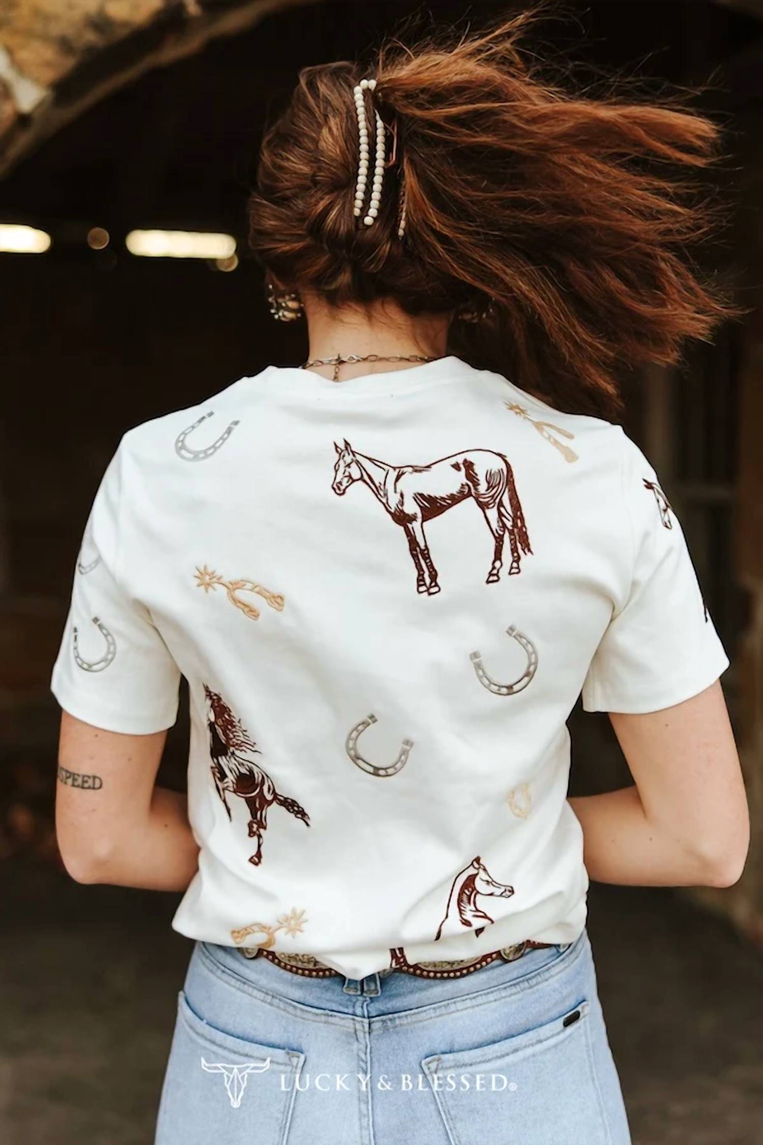 Lucky & Blessed - Western Horseshoe Spur Embroidered Shirt